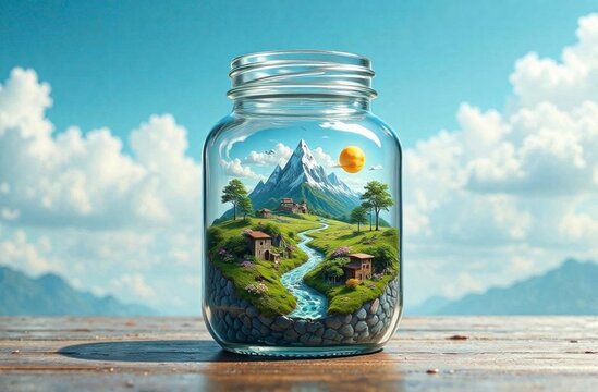 Miniature mountain landscape in glass jar with stream and houses under blue sky - Powered by Adobe