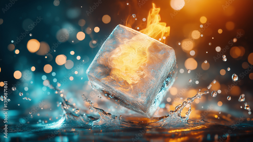 Poster striking image of ice cube engulfed in flames, surrounded by splashes of water and vibrant colors. c
