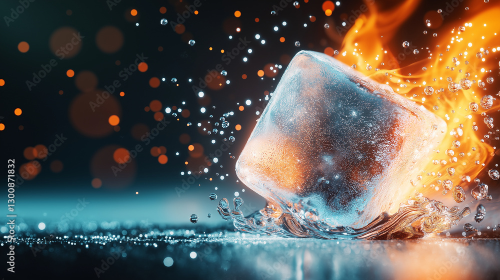 Poster striking image of ice cube engulfed in flames, surrounded by splashes of water and sparkling droplet