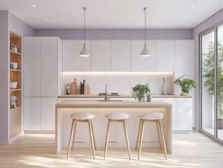 Fototapeta premium Modern kitchen features a light and airy aesthetic with wood finishes