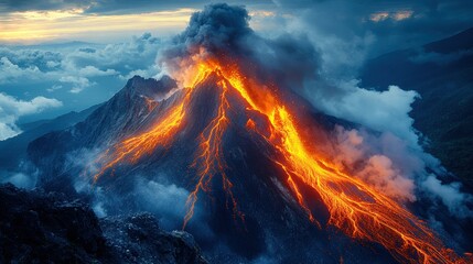 Erupting Volcano at Dusk, Mountainous Landscape