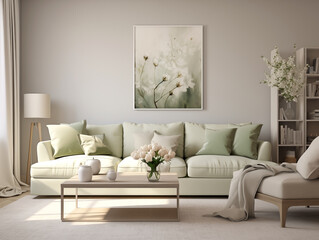 Spring minimalist japandi and wabi sabi inspired modern living room interior with neutral walls, light color couch, minimalist decor in sage color
