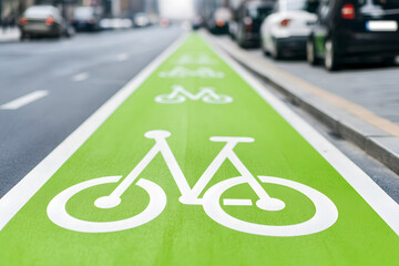 Obraz premium Dedicated green bike lane ensures cyclist safety in the city. Clear signage promotes eco-friendly transportation and encourages cycling.