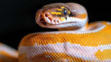 Obraz premium close up of ball python showcasing its vibrant orange and yellow patterns, with its head raised and eyes focused. intricate scales and unique coloration highlight beauty of this reptile