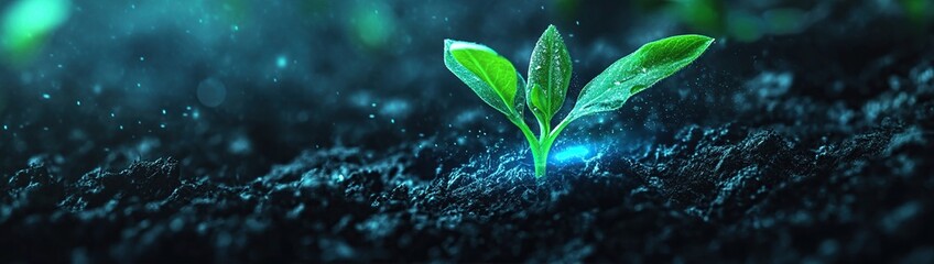Vibrant Green Sprout Emerging From Dark Digital Soil