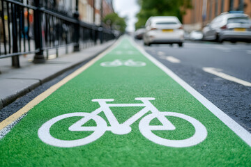 Bright green bicycle lane on a city street with blurred cars in the background, promoting sustainable transportation. Safe cycling infrastructure.
