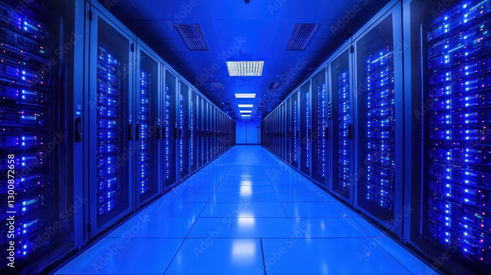 Poster blue-lit server room with rows of data storage racks.