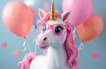 Whimsical pink unicorn with glasses and balloons in pastel dreamscape