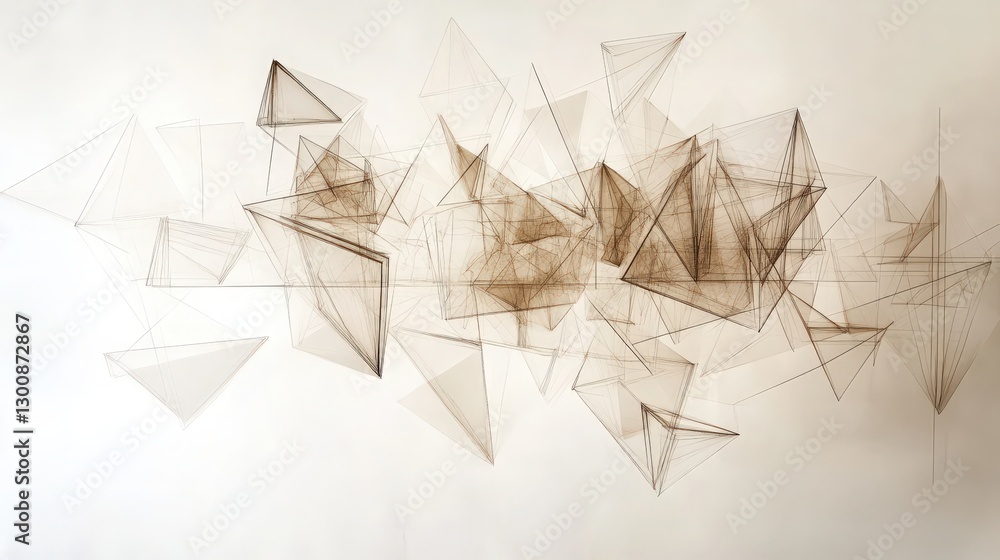 Poster intricate geometric arrangement of triangular wireframe shapes in subtle hues