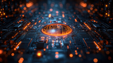 Technology background displaying holographic data interfaces, AI-powered analytics, futuristic digital circuits, and robotic automation in a high-tech lab