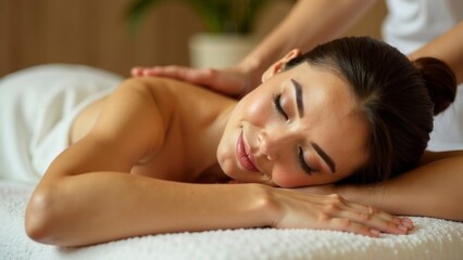 Obraz premium Asian female enjoying relaxing massage session in spa setting