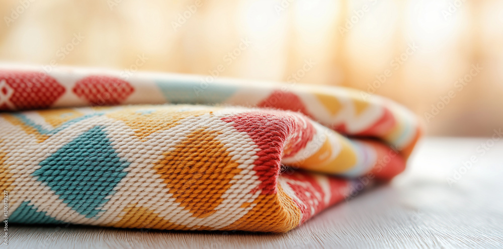 Poster colorful blanket with intricate patterns folded on wooden surface, creating warm and inviting atmosp