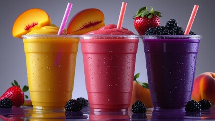 Refreshing Fruit Smoothies in Three Flavors with Fresh Fruits, Generative AI