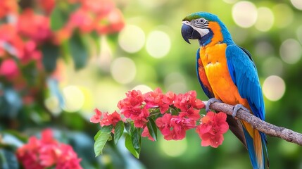 Vibrant blue and yellow macaw perched on branch with red flowers in lush greenery