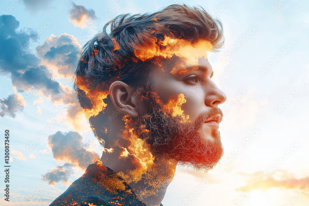 Poster conceptual double exposure of man face blended with clouds and sunset, creating surreal and artistic