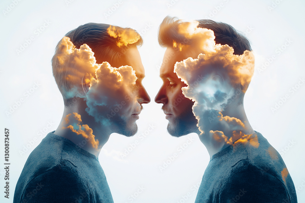 Poster conceptual double exposure of two men faces with clouds, symbolizing introspection and connection. e
