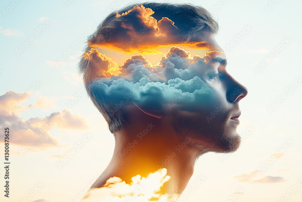 Poster double exposure image of man profile with clouds and sunset, symbolizing dreams and thoughts. serene