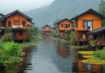 Fototapeta premium Wooden houses on stilts are reflected in the calm Inle Lake as dusk falls.