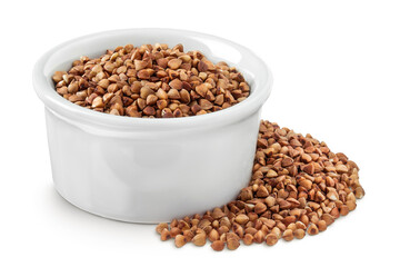 Raw buckwheat in ceramic bowl isolated on white background