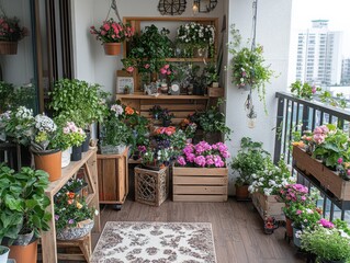 Balcony of flowers full of beautiful blooming plants and flowers