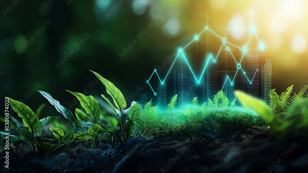 Poster vibrant green landscape with digital graphs representing growth and data analysis. scene combines na