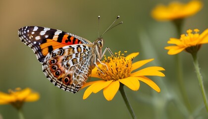 Obraz premium An Artistic Depiction Of A Butterfly With Open Win, A Stunning Garden Scene With A Butterfly Pollination, A Stunning Monarch Butterfly, 