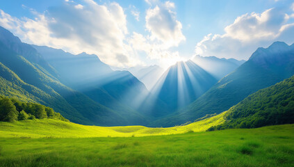 Fototapeta premium breathtaking green valley nestled between towering mountains, illuminated by radiant sunlight streaming through clouds, creating serene and peaceful atmosphere