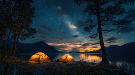 Fototapeta premium Two illuminated tents on lakeshore under starry night sky.