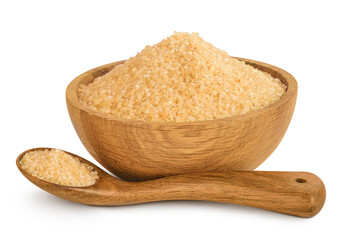The brown sugar in wooden bowl isolated on white background