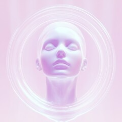A beautiful woman's head is inside the glowing white circle, with a pink background, white light, and a symmetrical composition.