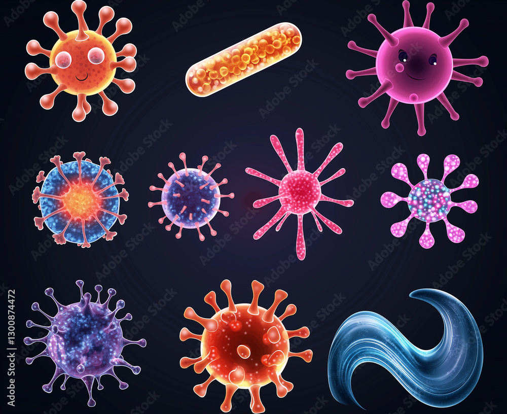 Poster colorful cartoon bacteria and germs in various shapes and sizes, showcasing playful and educational 