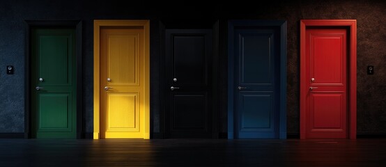 5 doors in different colors, each door is black with the color of its own door on it, hyper-realistic, cinematic, dark background, colorful.