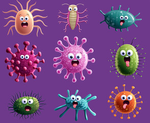 Cute cartoon bacteria characters with happy expressions purple background. This colorful illustration features various playful microorganisms, perfect for educational materials or children content