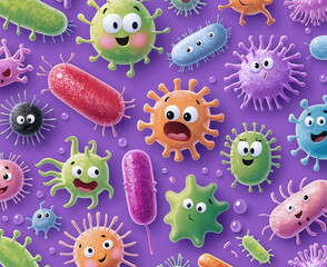 Cute cartoon bacteria in vibrant colors on purple background, showcasing various shapes and expressions. This playful illustration is perfect for educational materials or children content