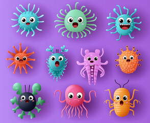 Cute cartoon bacteria with expressive faces colorful background. This vibrant illustration features various friendly microorganisms, showcasing their unique shapes and colors, perfect for