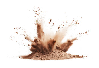 Brown dust cloud forms as a result of an explosion in dry soil during a bright day, highlighting natural elements and forceful energy, cut out