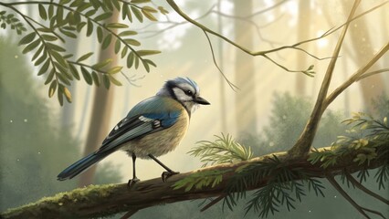 Obraz premium Charming blue jay perched on branch with a serene mood in a sun-dappled forest scene
