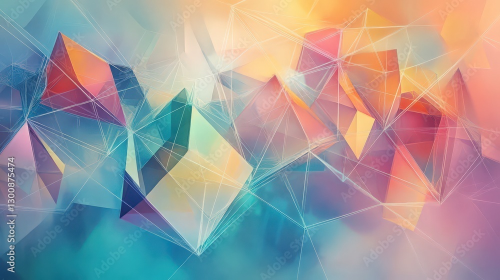 Poster geometric prisms connected with polygonal mesh on an artistic background