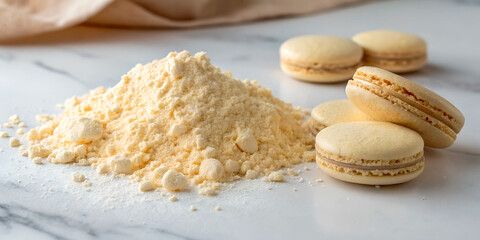 Fototapeta premium A pile of light creamy almond flour on a marble surface, a few almond macaroons lying nearby.