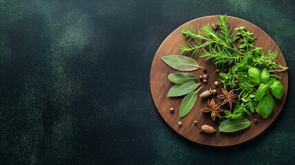 Fresh herbs on wooden board, including basil, rosemary, and bay leaves, create vibrant culinary display. Perfect for cooking enthusiasts and food photography