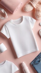 Minimalist clothing flat lay on pink background.
