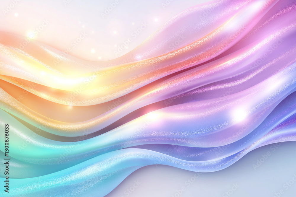 Poster soft pastel rainbow gradient background with flowing waves, creating serene and dreamy atmosphere. g