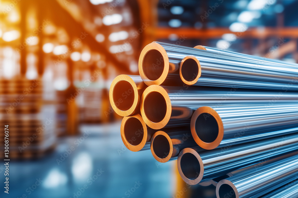 Poster stack of aluminum profile bars with smooth surfaces and circular ends, showcasing various sizes in w