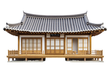 Traditional Korean Wooden House Architectural Design with Tiled Roof and Open Doors on Transparent Background