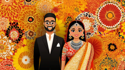 Fototapeta premium joyful Indian bride and groom stand together against vibrant floral backdrop, showcasing traditional attire and cultural elements. Their expressions reflect happiness and celebration