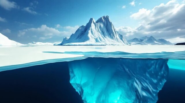 arctic landscape with iceberg and underwater view under a cloudy sky on a bright and sunny day