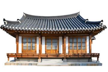 Obraz premium Traditional Korean Wooden House with Gray Tiled Roof and Ornate Wood Trim on Transparent Background