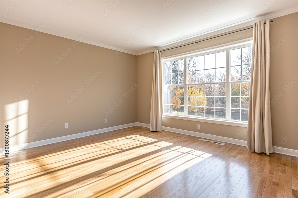 Poster bright empty room with sunlight streaming through large window