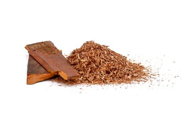 Pictures of old wooden and sawdust put on white background, isolate concept.