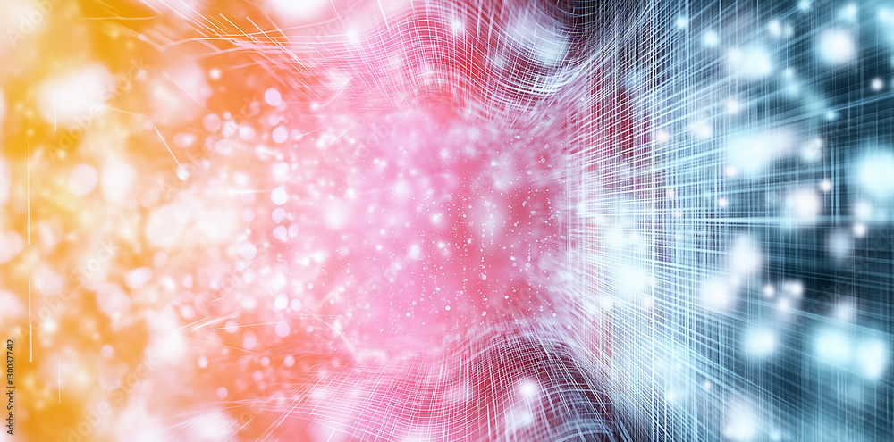 Poster abstract background with blurred glitch effect, featuring vibrant colors and light particles. design